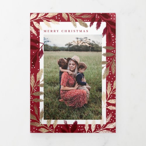 Gold Foil Branches Merry Christmas 5 Photo Tri_Fold Holiday Card