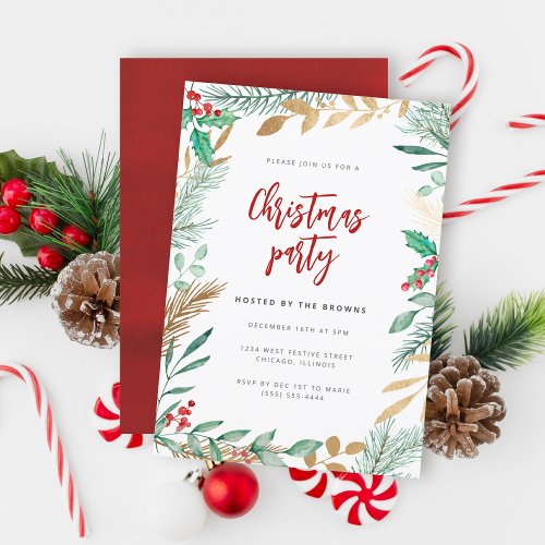 Gold Foil Branches Watercolor Christmas Party Invitation