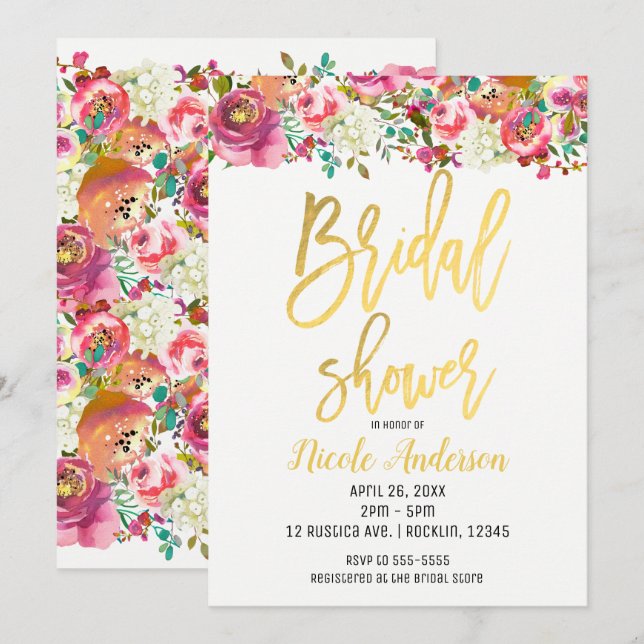 Gold Foil Bridal Shower Elegant Modern Floral Invitation (Front/Back)