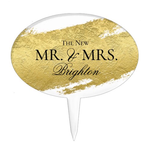 Gold foil brush stroke elegant modern Mr Mrs Cake Topper