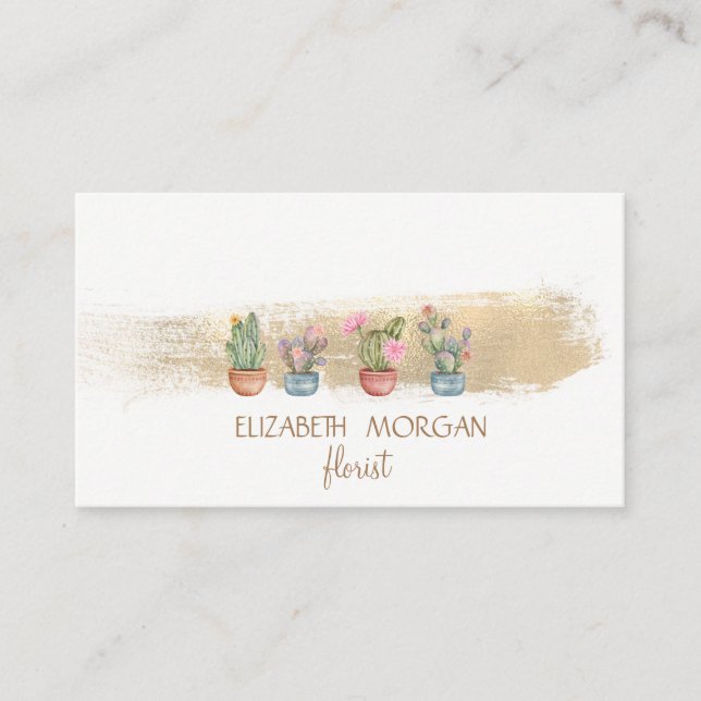  Gold Foil Brush Stroke Succulents Business Card (Front)