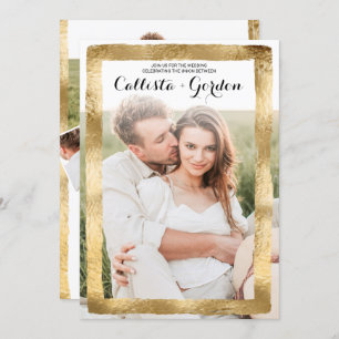 Gold Foil Brushstroke Border Photo Collage Wedding Invitation