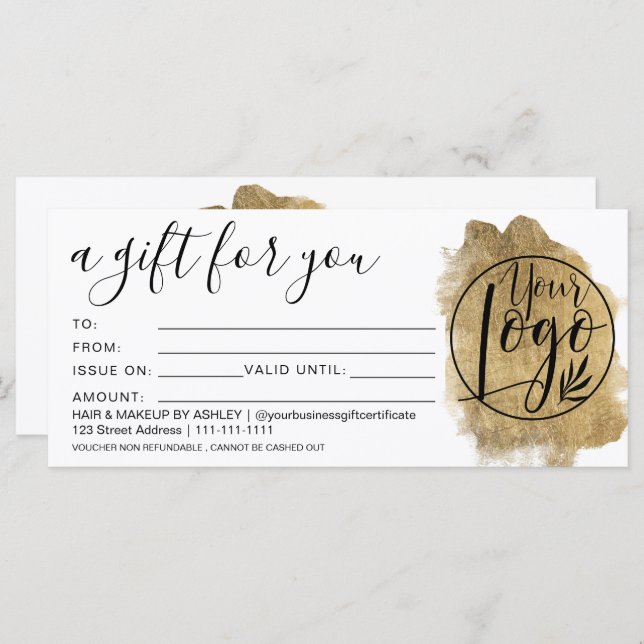 Gold foil brushstroke gift certificate logo (Front/Back)