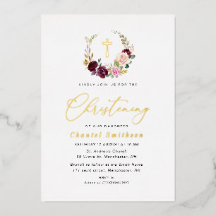 gold foil burgundy and blush christening invitation