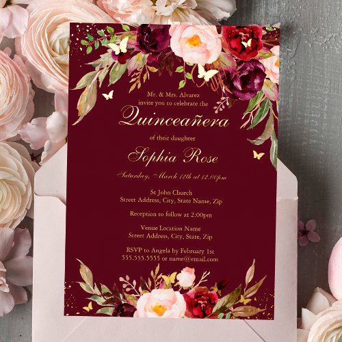 GOLD FOIL Burgundy Blush Floral Quinceanera  Foil Invitation