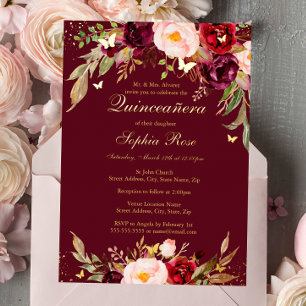 GOLD FOIL Burgundy Blush Floral Quinceanera Invitation