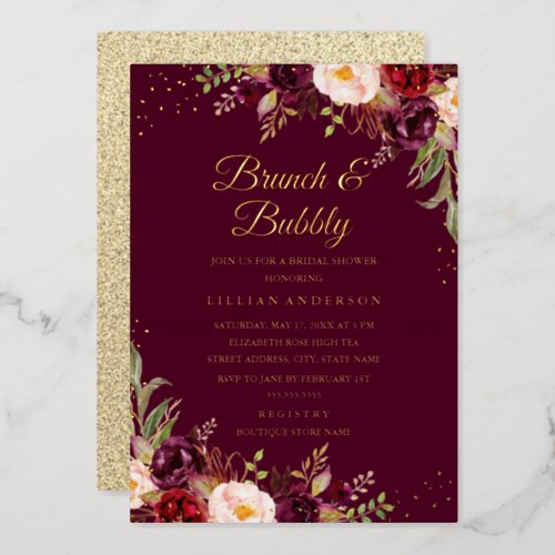 GOLD FOIL Burgundy Floral Brunch And Bubbly Foil Invitation