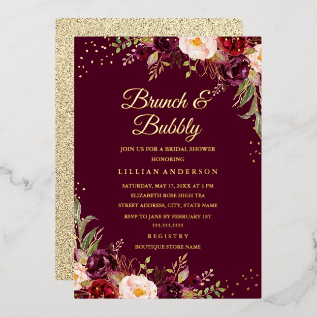 GOLD FOIL Burgundy Floral Brunch And Bubbly Invitation (Front/Back)