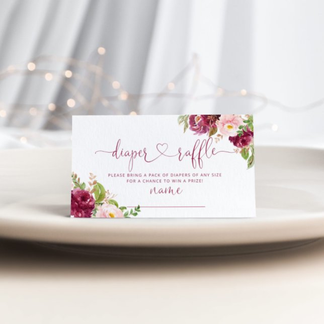 Gold foil burgundy floral diaper raffle ticket enclosure card (Creator Uploaded)