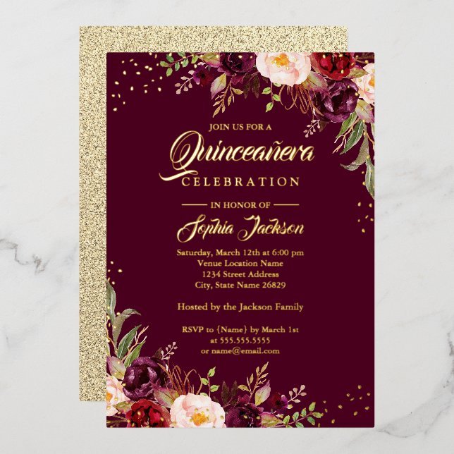 GOLD FOIL Burgundy Floral Quinceanera  Foil Invitation (Front/Back)