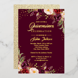 GOLD FOIL Burgundy Floral Quinceanera Invitation