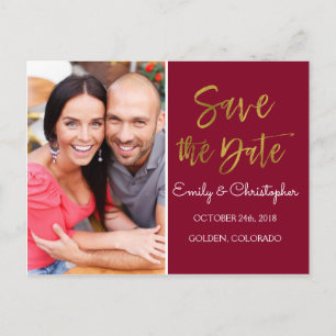 Gold Foil & Burgundy Marsala Save the Date Photo Announcement Postcard