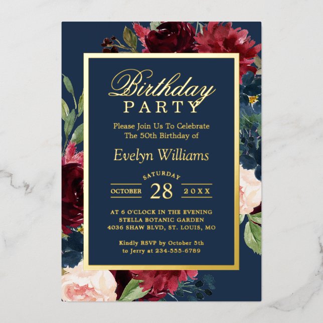 Gold Foil | Burgundy Navy Floral Birthday Party Invitation (Front)