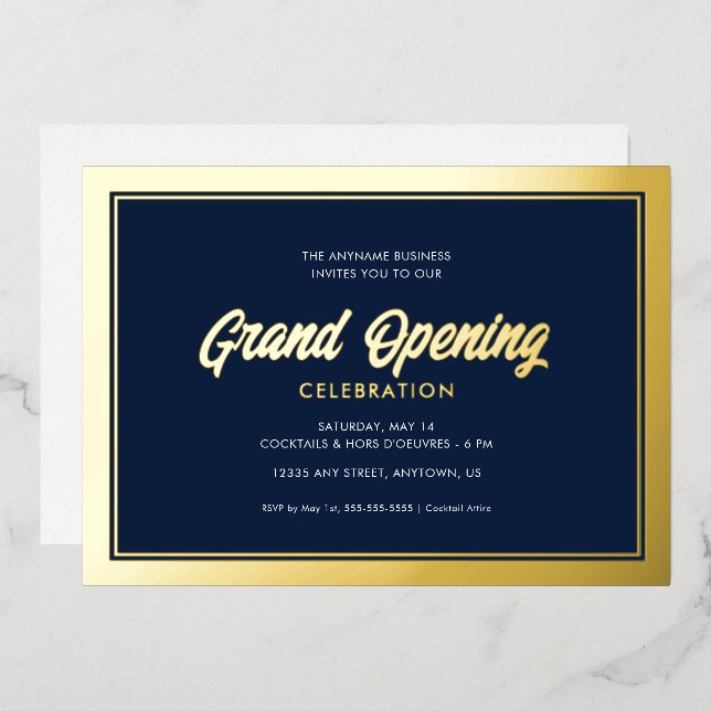 Gold Foil Calligraphy Blue Grand Opening Invitation (Front/Back)