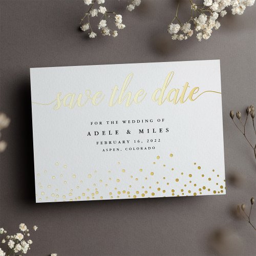 Gold Foil Calligraphy Confetti Save the Date Card