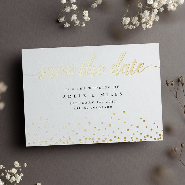 Gold Foil Calligraphy Confetti Save the Date Card (Creator Uploaded)