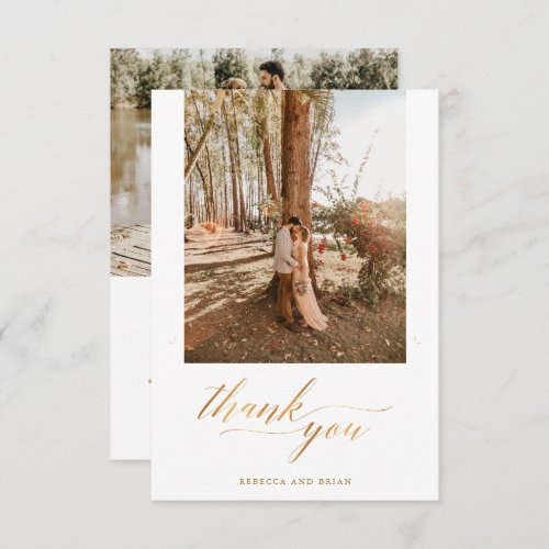 Gold Foil Calligraphy Custom 2 Photo Wedding Thank You Card