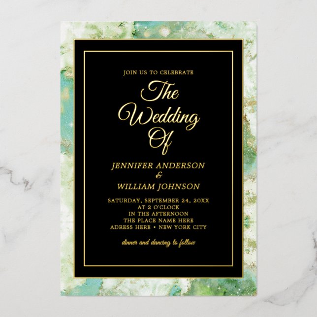 Gold Foil Calligraphy Elegant Green Watercolor Ink Foil Invitation (Front)