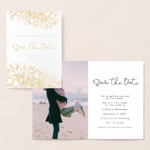 Gold Foil Calligraphy Floral Photo Save The Date Foil Card