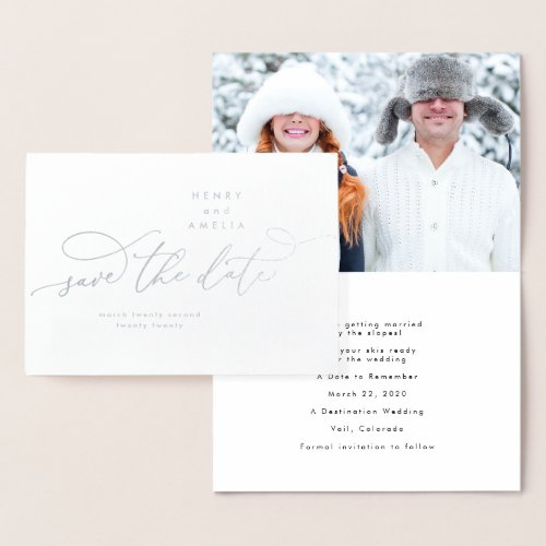 Gold Foil Calligraphy Floral Photo Save The Date Foil Card