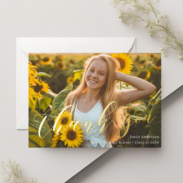 Gold Foil Calligraphy Graduation Photo Thank You Invitation (Creator Uploaded)