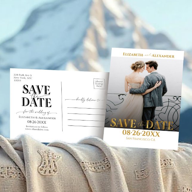 Gold Foil Calligraphy Photo Save the Date Postcard (Creator Uploaded)