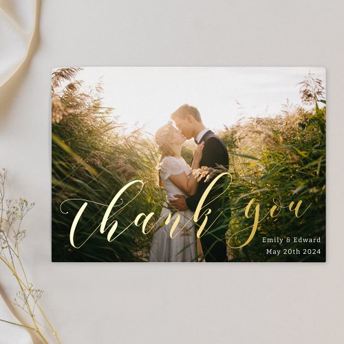 Gold Foil Calligraphy Photo Wedding Thank You Card