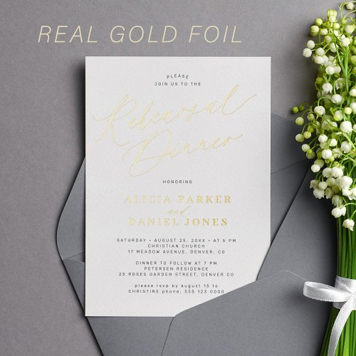 Gold foil calligraphy rehearsal dinner foil invitation