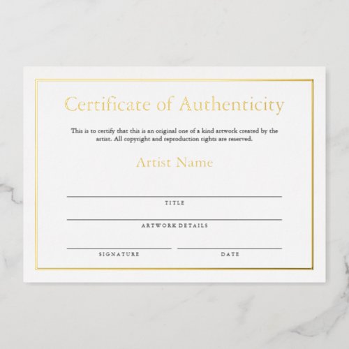 Gold Foil Certificate of Authenticity for Art Foil Holiday Card