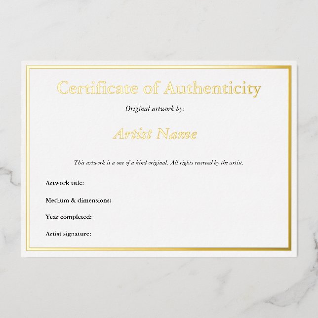 Gold Foil Certificate of Authenticity for Art Invitation (Front)