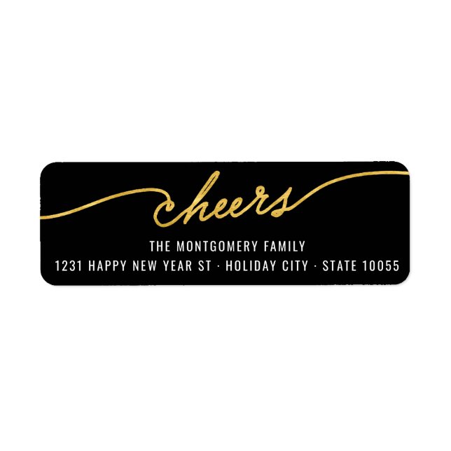 Gold Foil Cheers Calligraphy Chic Holiday Address Label (Front)