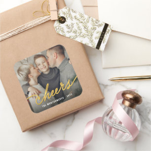 Gold Foil Cheers Calligraphy Script Photo Holiday Square Sticker