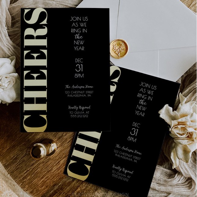 Gold Foil Cheers New Year's Eve Party Invitation (New Year's Eve Party Invite)