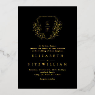 Gold Foil Cherry Blossoms Monogram Crest Black Invitation
