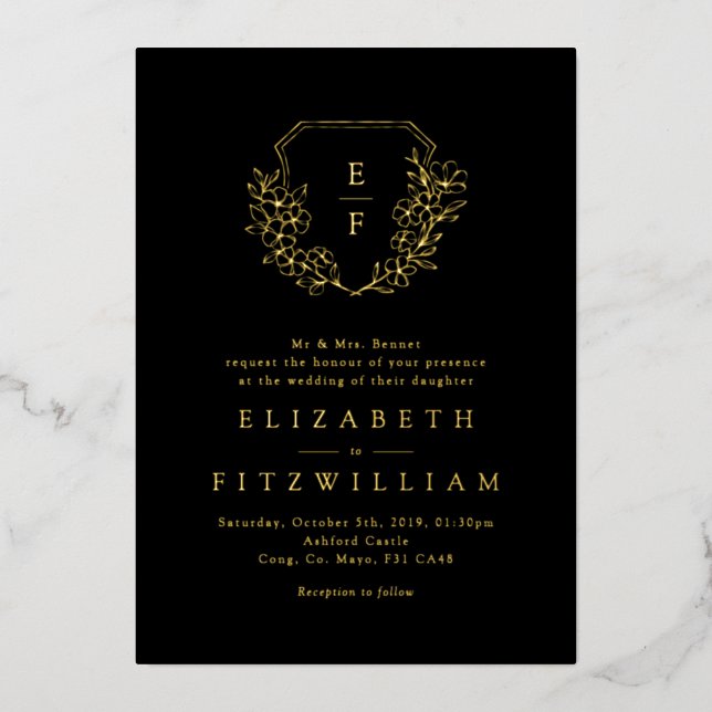 Gold Foil Cherry Blossoms Monogram Crest Black Invitation (Front)