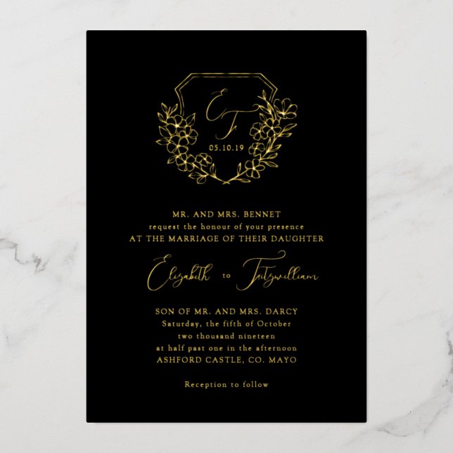 Gold Foil Cherry Blossoms Monogram Crest Black Invitation (Front)