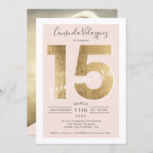 gold foil chic script blush quinceanera photo invitation