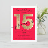 gold foil chic script red quinceanera photo invitation (Standing Front)