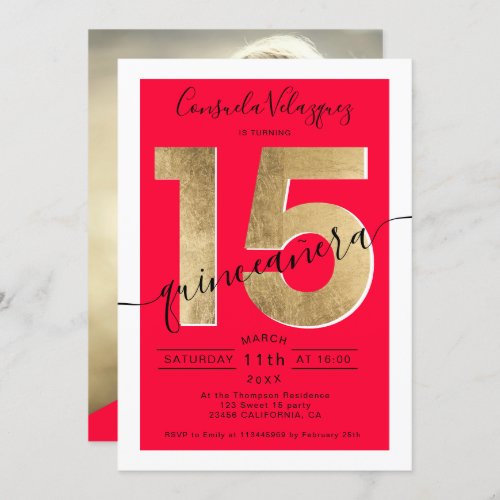 gold foil chic script red quinceanera photo invitation