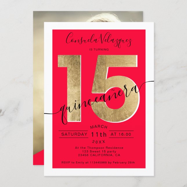 gold foil chic script red quinceanera photo invitation (Front/Back)