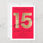 gold foil chic script red quinceanera photo invitation (Front)