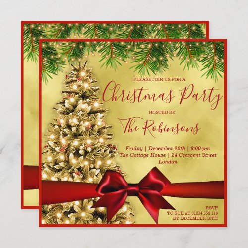 Gold Foil Christmas Tree Lights  Red Ribbon Invitation