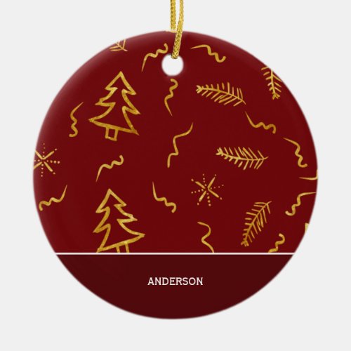 Gold Foil Christmas Tree Pattern Red Holiday Ceramic Ornament