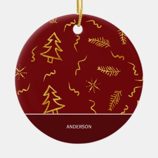 Gold Foil Christmas Tree Pattern Red Holiday Ceramic Ornament (Front)