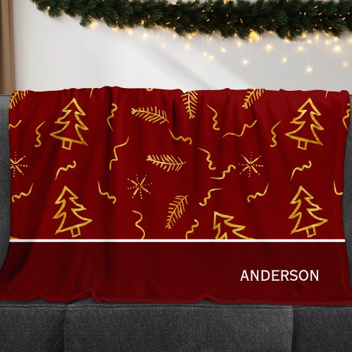 Gold Foil Christmas Tree Pattern Red Holiday Fleece Blanket