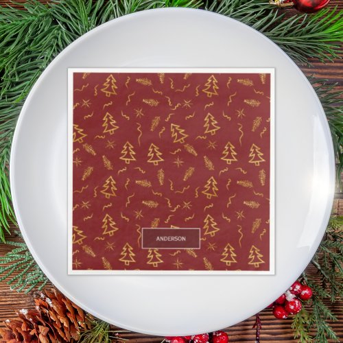 Gold Foil Christmas Tree Pattern Red Holiday Napkins