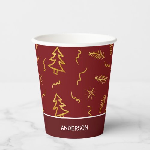 Gold Foil Christmas Tree Pattern Red Holiday Paper Cups