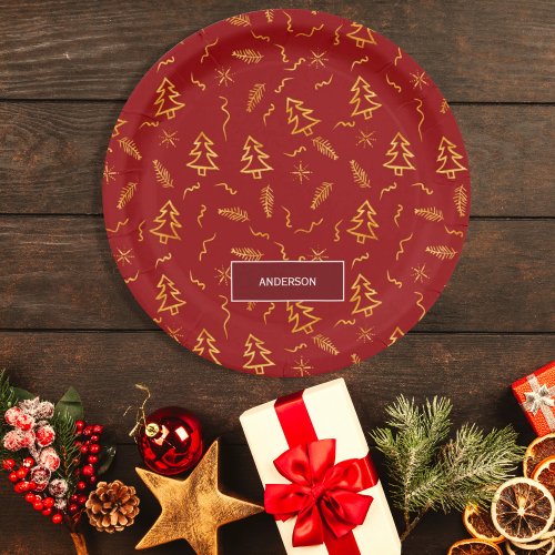 Gold Foil Christmas Tree Pattern Red Holiday Paper Plates
