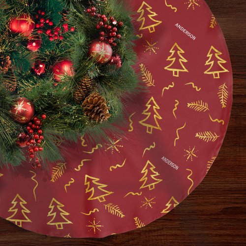 Gold Foil Christmas Tree Pattern Red Holiday Party Brushed Polyester Tree Skirt