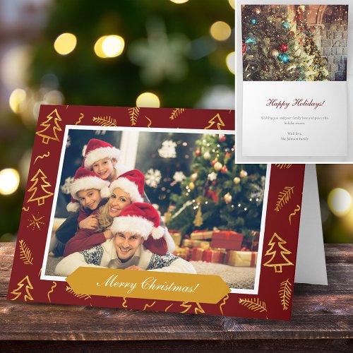 Gold Foil Christmas Tree Pattern Red Holiday Photo Card